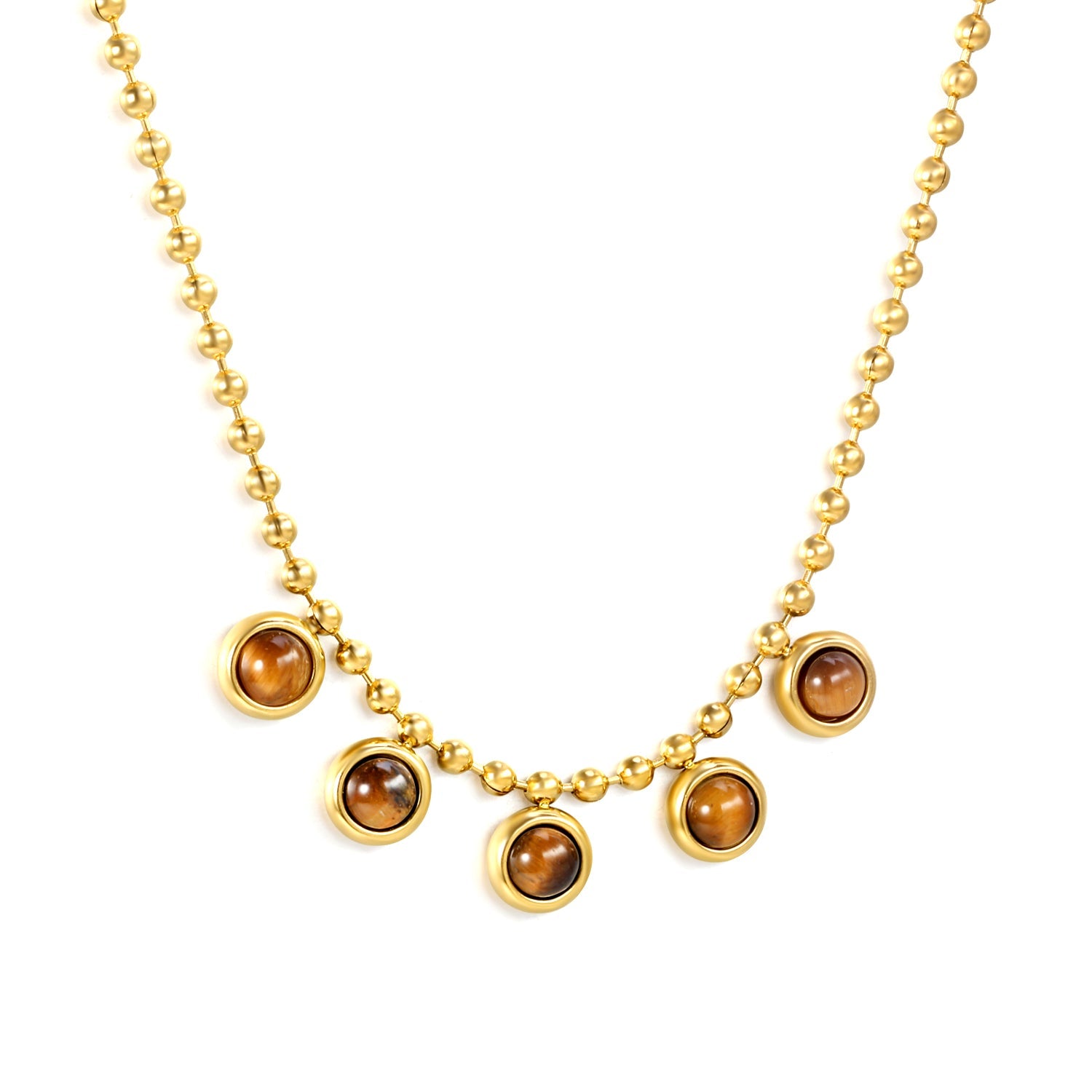 6mm round tiger's eye stone accessories 2mm bead chain *40+5cm+6mm round plate necklace Golden asonjewelry